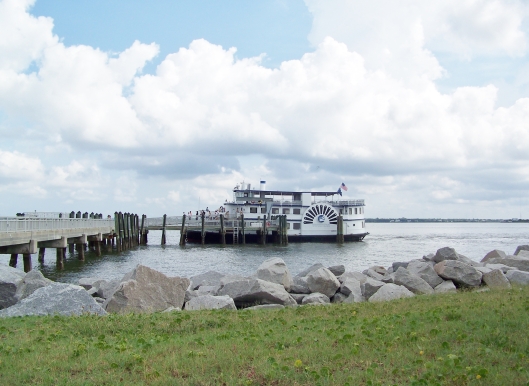 The Fort Sumter ferry at anchor while passengers explore the fort.